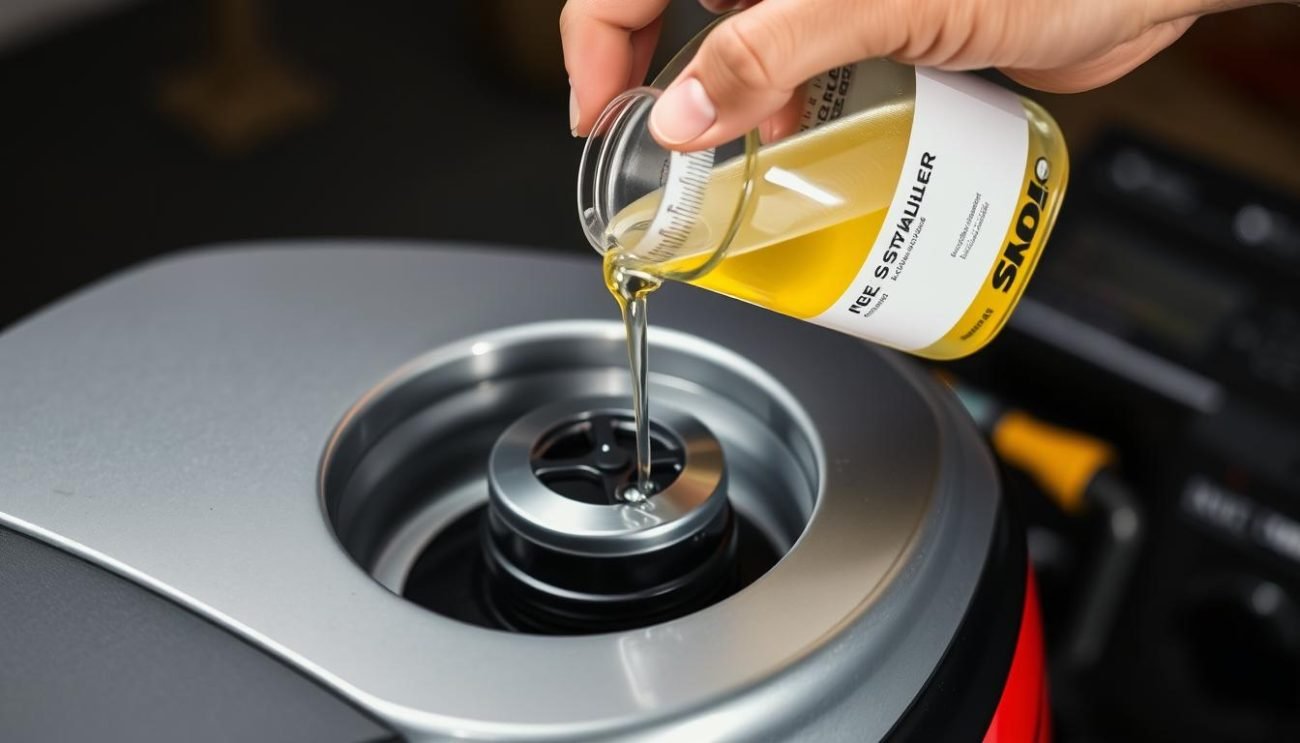 Homemade fuel stabilizer mixture being added to outboard motor fuel tank Homemade fuel stabilizer mixture being added to outboard motor fuel tank