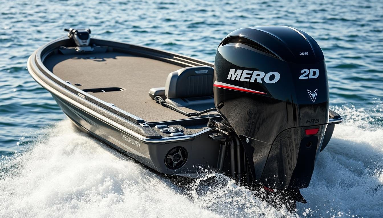 Mercury Pro XS 250hp outboard motor mounted on a bass boat performing at high speed on open water in 2025