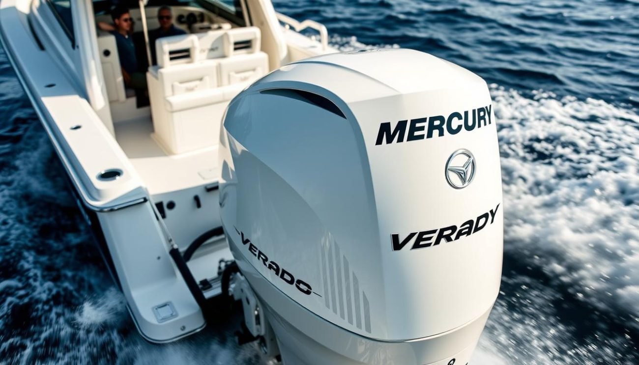 Mercury Verado 400hp outboard motor mounted on a large offshore boat showing its impressive size and power in 2025 Mercury Verado 400hp outboard motor mounted on a large offshore boat showing its impressive size and power in 2025