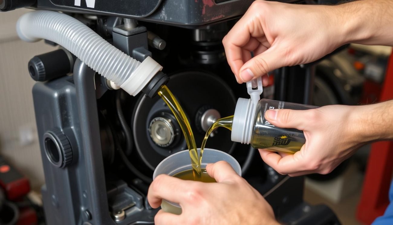 Outboard motor lower unit with gear oil being changed using a DIY vacuum method Outboard motor lower unit with gear oil being changed using a DIY vacuum method