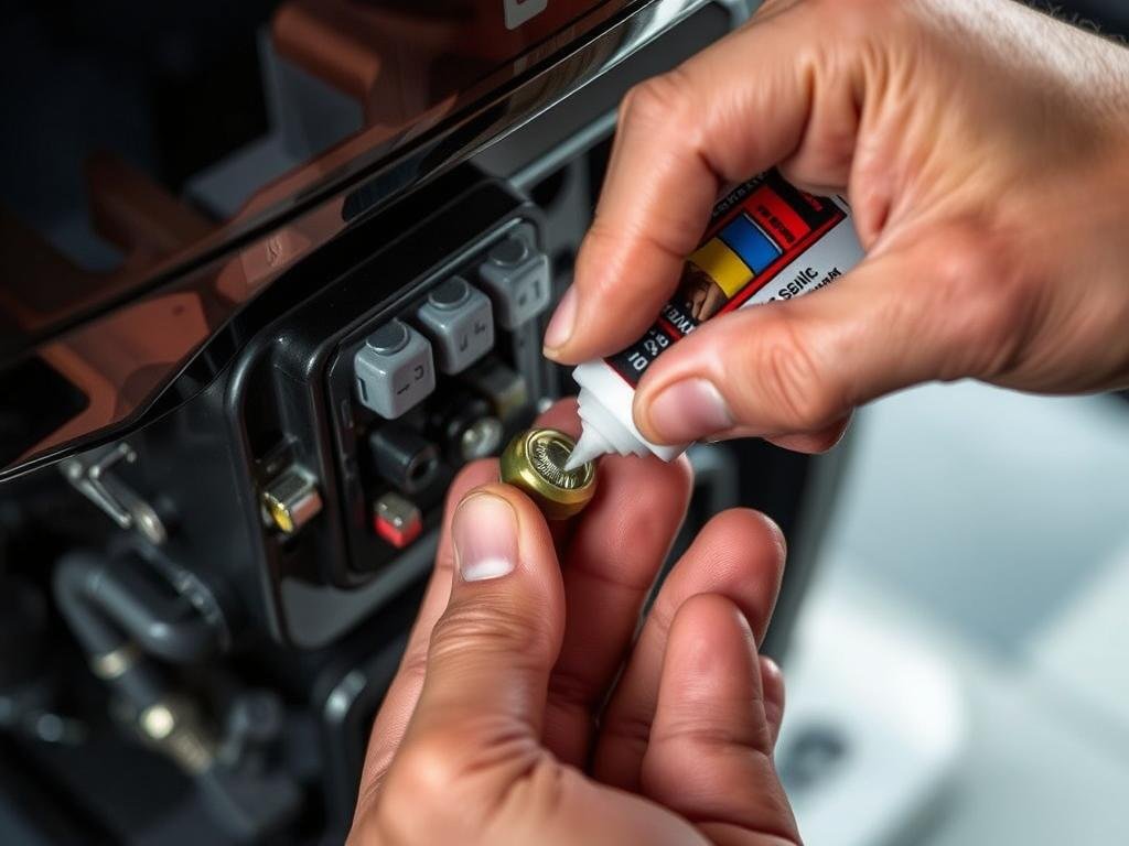 Person applying dielectric grease to outboard motor spark plug connections Person applying dielectric grease to outboard motor spark plug connections