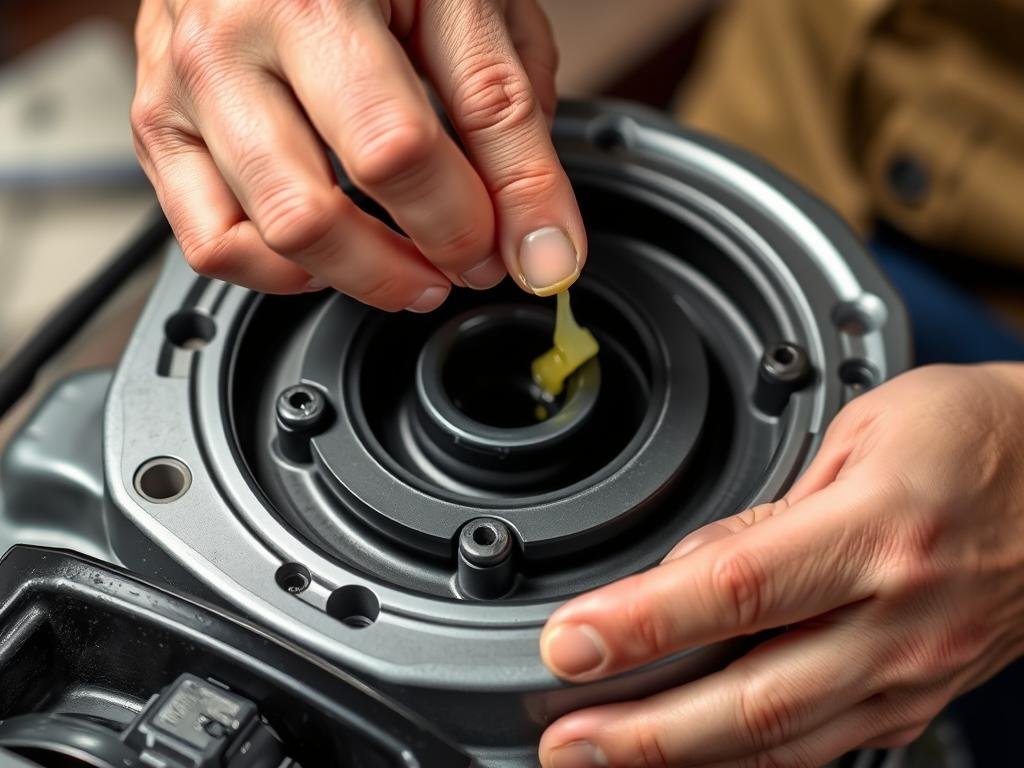 Person applying petroleum jelly to outboard motor water pump housing Person applying petroleum jelly to outboard motor water pump housing