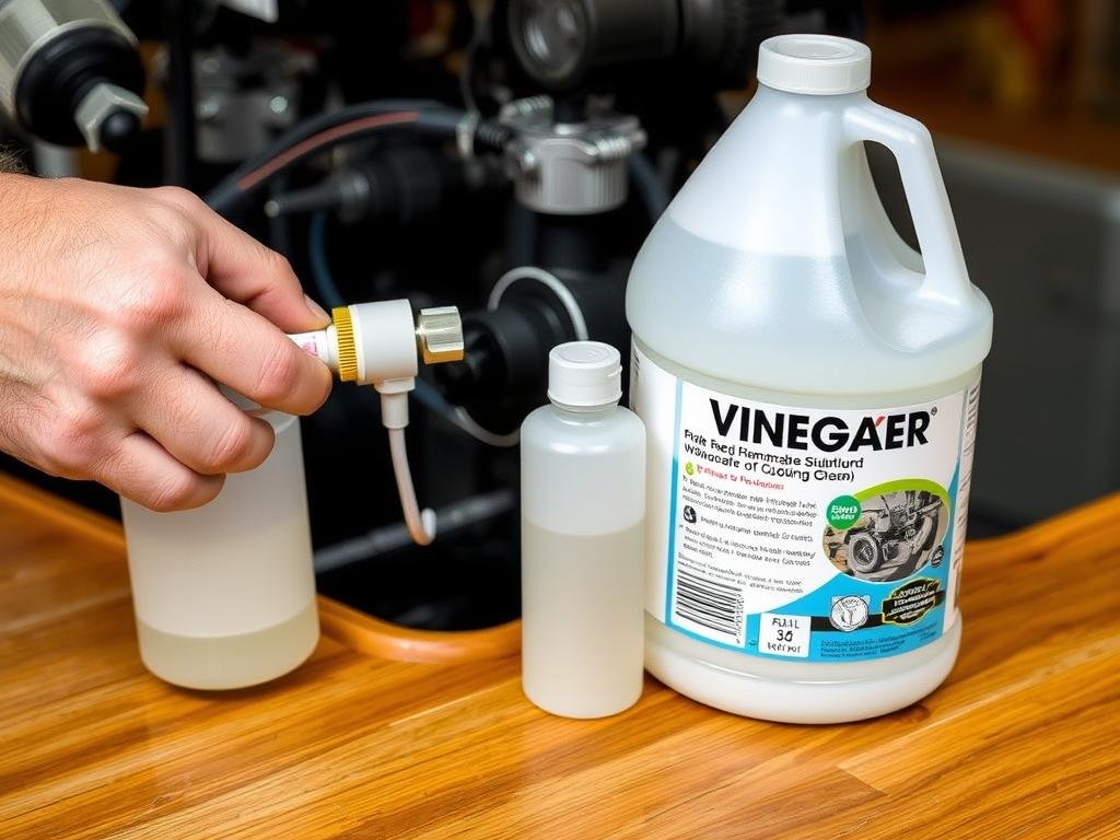 Person using vinegar solution to flush outboard motor cooling system