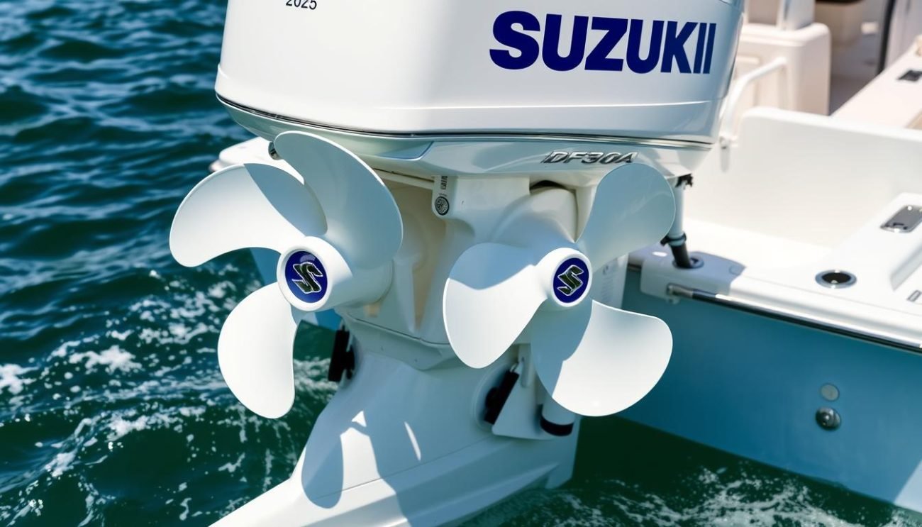 Suzuki DF350A Dual Prop outboard motor with its distinctive counter-rotating dual propellers visible on a large boat in 2025 Suzuki DF350A Dual Prop outboard motor with its distinctive counter-rotating dual propellers visible on a large boat in 2025