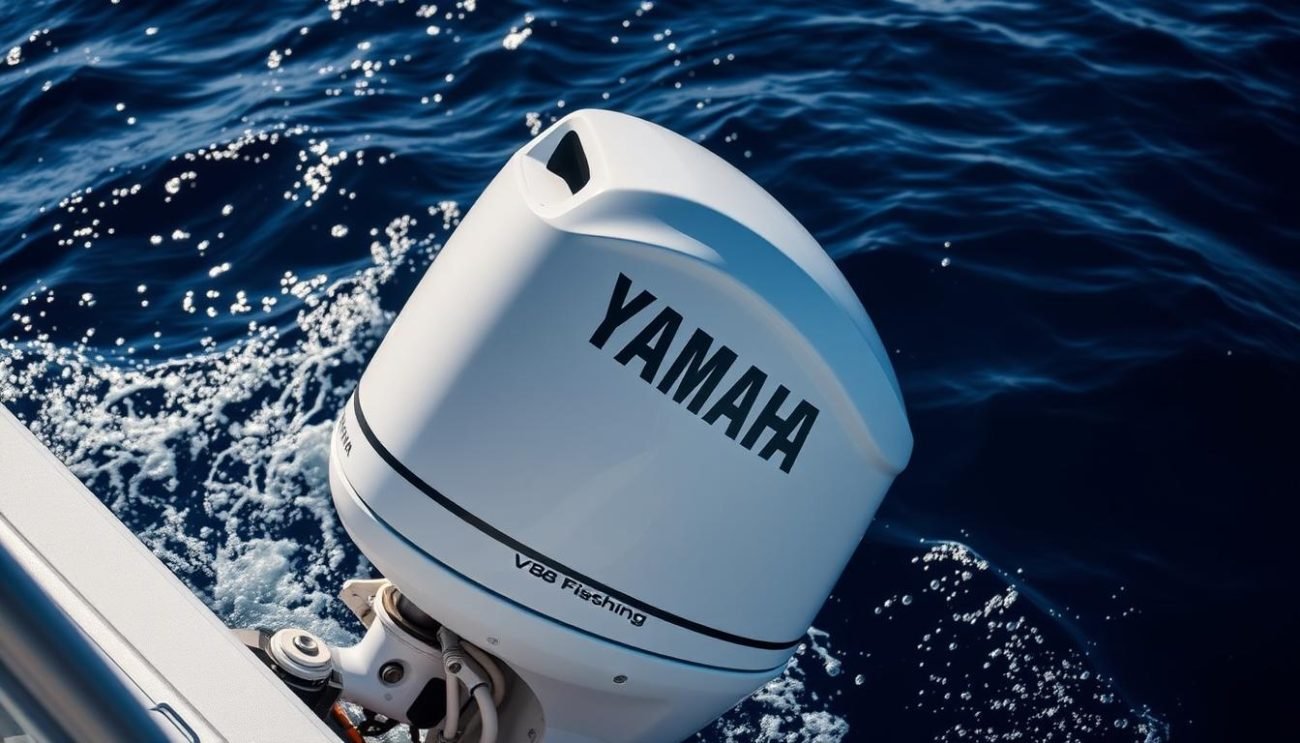 Yamaha F300 V8 Offshore outboard motor mounted on a center console boat in deep blue ocean waters in 2025 Yamaha F300 V8 Offshore outboard motor mounted on a center console boat in deep blue ocean waters in 2025