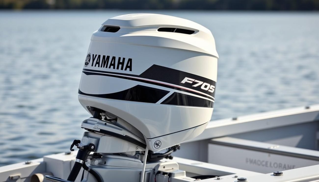 Yamaha F70 Midrange outboard motor mounted on a small fishing boat showing its compact design in 2025 Yamaha F70 Midrange outboard motor mounted on a small fishing boat showing its compact design in 2025